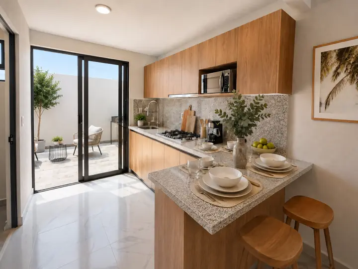 Cocina con barra de granito de Casa Citrino en Santa Fe Lifestyle