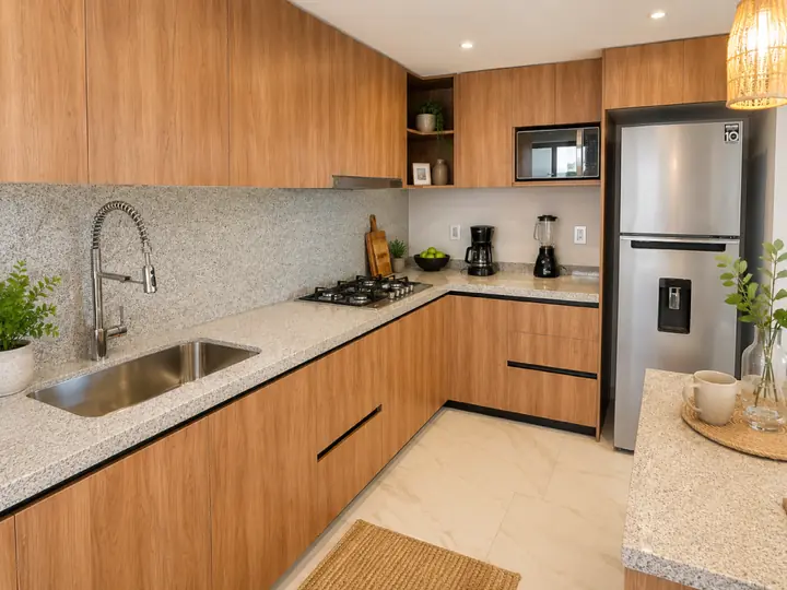 Cocina equipada de Departamento Travertino en Santa Fe Lifestyle