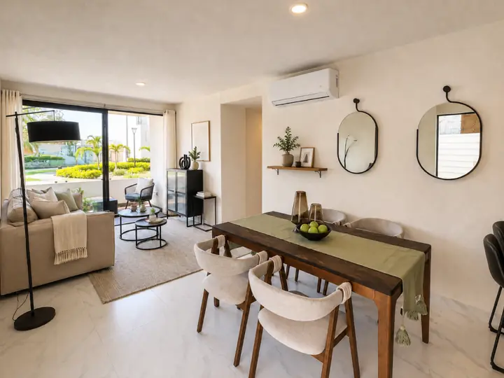 Estancia y comedor de Departamento Travertino en Santa Fe Lifestyle